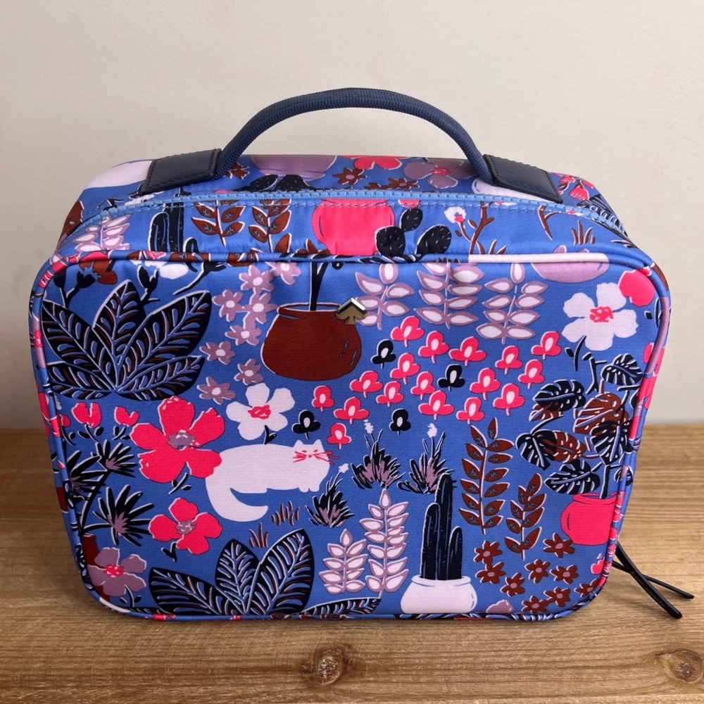 Kate Spade New York Blue Floral Cat Print Nylon Cosmetic Travel Case Organizer